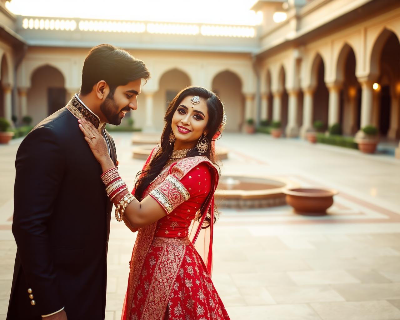 Groom and bride exchanging garlands at a traditional Hindu wedding ceremony