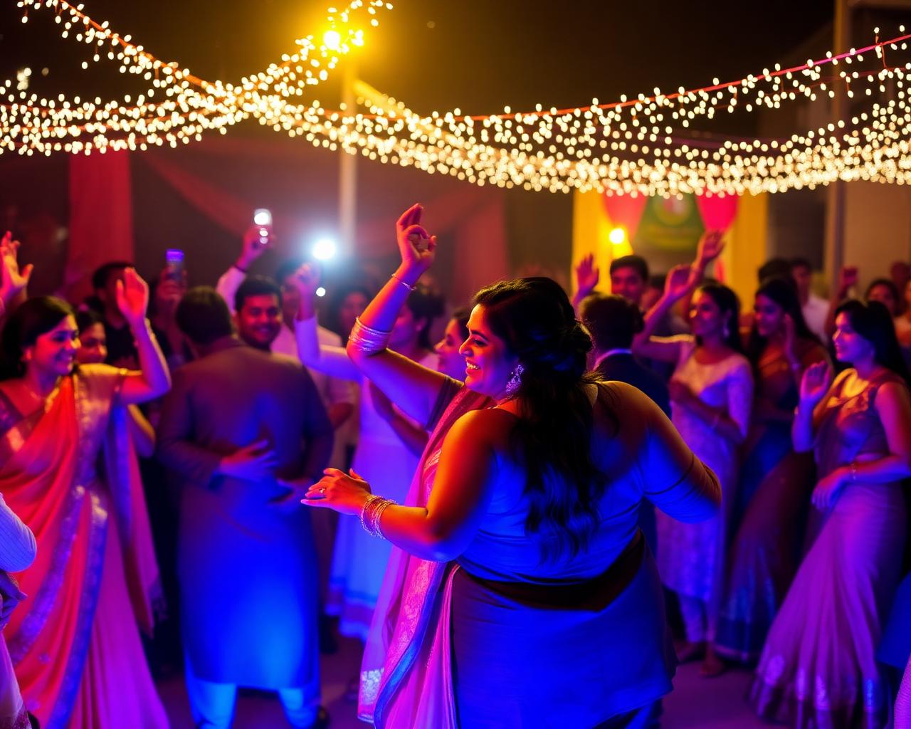 Joyful baraat moment with friends and family at an Indian wedding
